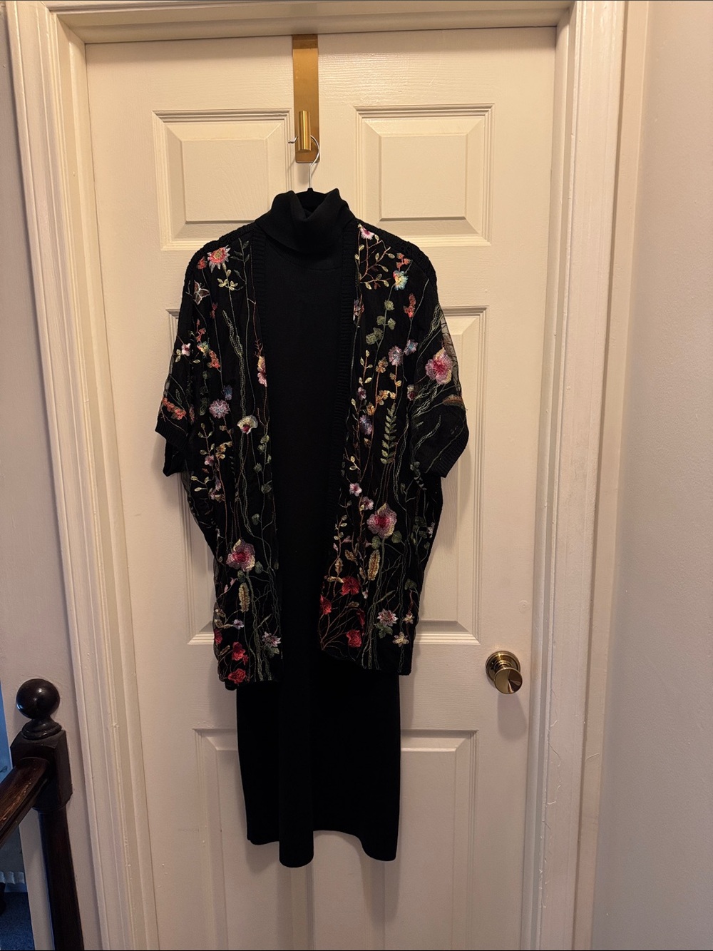 Black Floral Embroidered Open-Front Kimono Cape